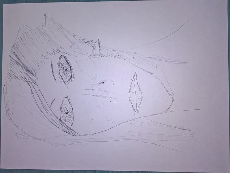 Primo disegno di volto femminile, fatto a biro, in serie sequenziale.